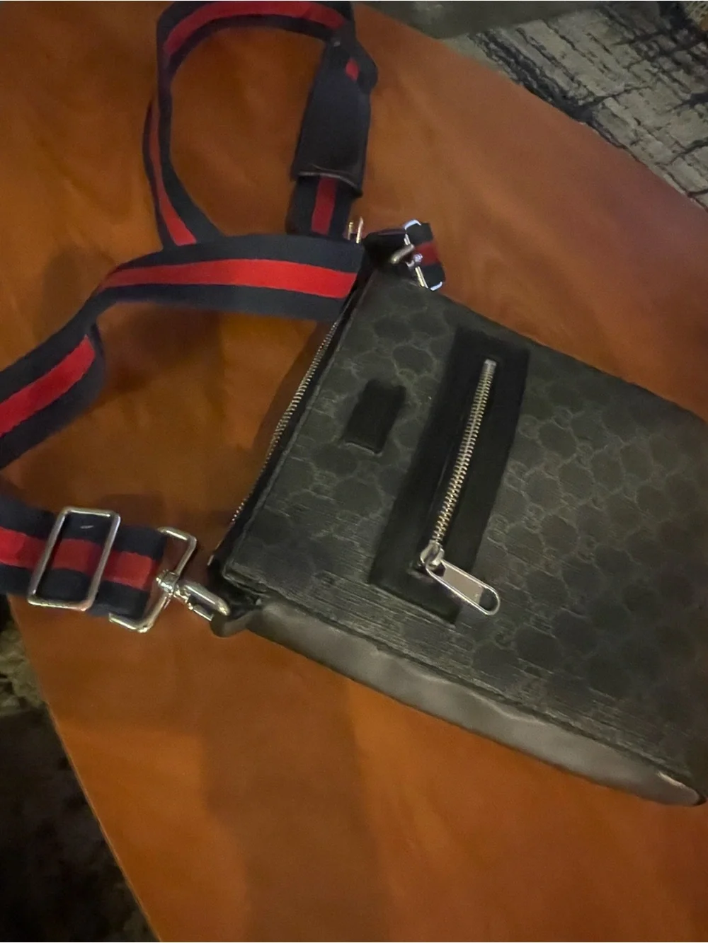 Gucci Navy Monogram Messenger Bag with Red-Blue Web Strap